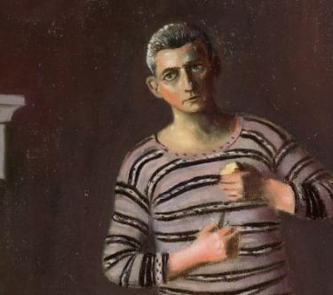 Peinture représentant un homme portant un chandail rayé et coupant une pomme avec un couteau.
