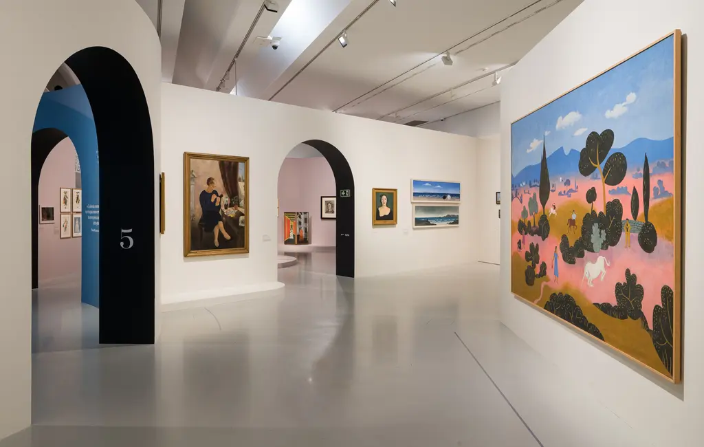 Vue d'une salle d'exposition. Sur le mur de droite, un grand tableau de Jean Hugo représentant une licorne dans une forêt clairsemée et plusieurs personnages est exposé. Sur le mur du fond, plusieurs tableaux sont accrochés et une arche ouvre vers une autre salle. Sur le mur de gauche, une arche ouvre vers une autre salle.