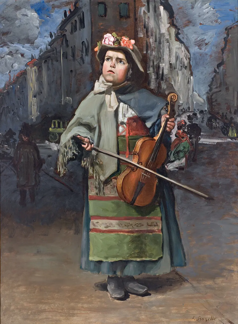 Tableau de Frédéric Bazille montrant une jeune fille en robe verte avec une écharpe blanche et un chapeau. Elle joue du violon dans une rue de Paris.