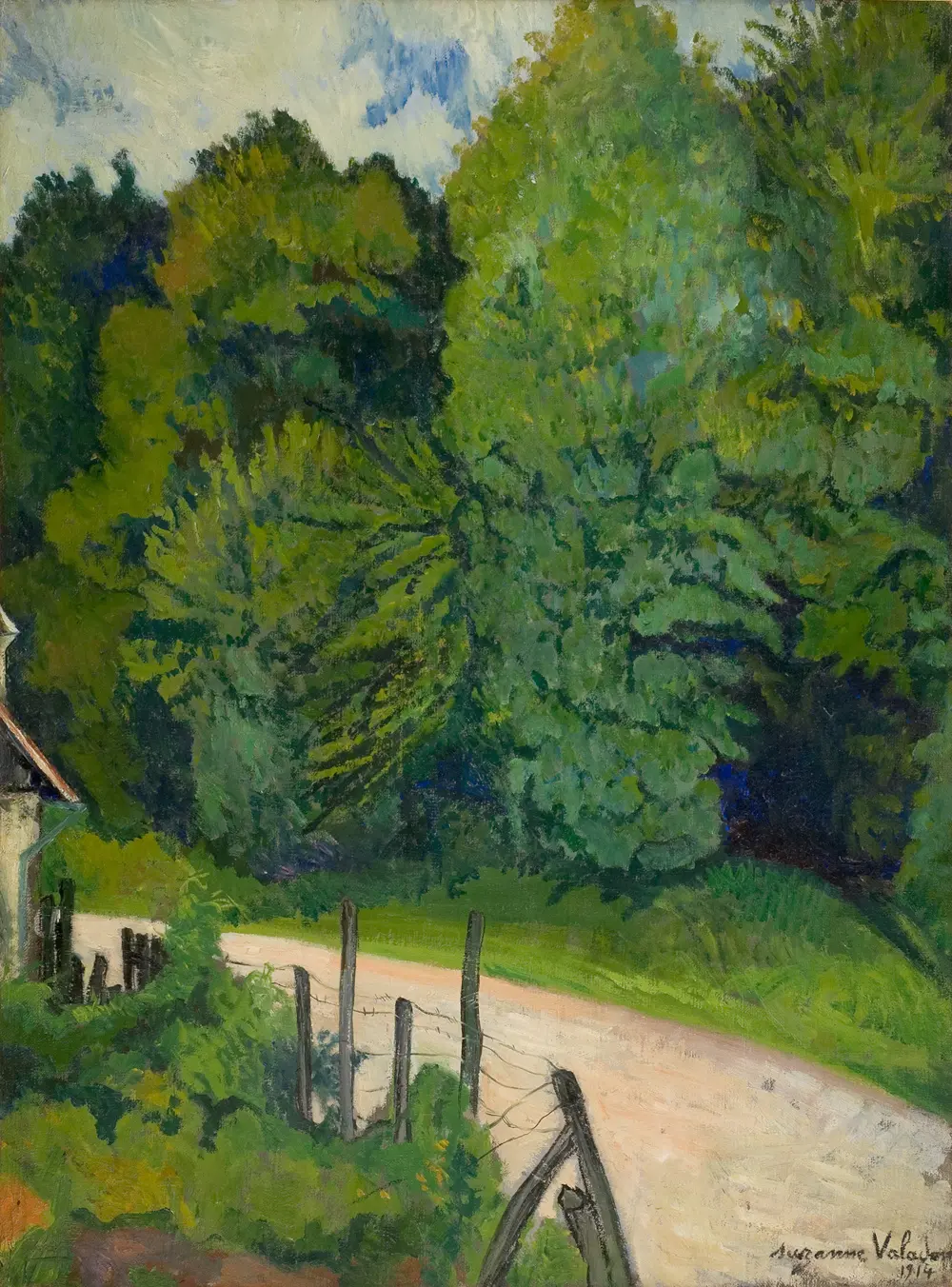 Tableau de Suzanne Valadon montrant un chemin de terre passant en diagonale. À droite, l'orée d'une forêt, à gauche un jardin de maison avec une barrière en fil de fer.