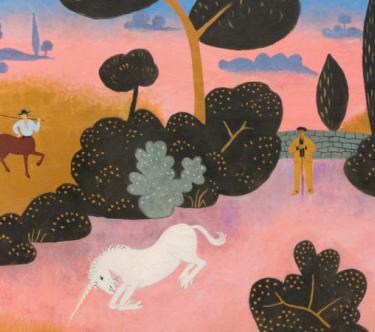 Détail d'un tableau de Jean Hugo montrant une licorne dans une forêt