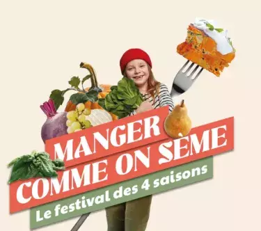 Photomontage montrant une enfant en marinière et avec un bonnet rouge ; autour d'elles, des fruits et légumes volent. Derrière elle, l'image d'une fourchette tenant une part de tarte aux légumes.