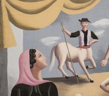 Dessin de Jean Hugo montrant une dame avec un fichu rose regardant deux centaures. Au coin supérieur gauche, la présence d'un rideau suggère le théâtre.