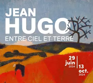 Détail de l'affiche de l'exposition "Jean Hugo, entre ciel et terre" au musée Paul Valéry, à Sète. On voit un paysage de collines colorées et sur la droite, un arbre aux branches acérées.